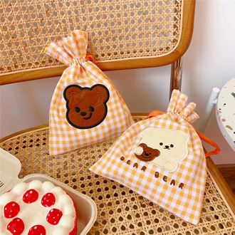 Kawaii Plaid Bear Drawstring Bag Cute Cosmetic Storage Bag Portable Travel Makeup Toiletry Organizer Pocket Pouch Hand Bags
