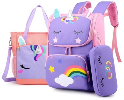 Kawaii Rugzak 3D Cartoon Primaire Schooltassen Voor Meisjes Schattige Waterdichte Kids Bag School Student Meisje 1-4 Kinderen rugzak 3stk paars