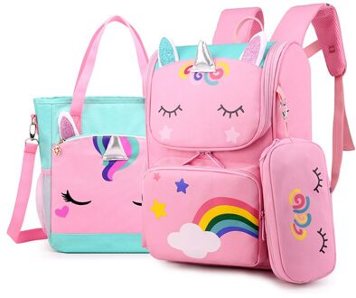 Kawaii Rugzak 3D Cartoon Primaire Schooltassen Voor Meisjes Schattige Waterdichte Kids Bag School Student Meisje 1-4 Kinderen rugzak 3stk roze