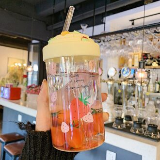 Kawaii Zoete Fruit Glazen Flessen Met Herbruikbare Stro Creatieve Transparante Melk Leuke Water Fles Voor Meisjes Drinkbeker aardbei Bottle