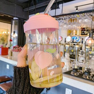 Kawaii Zoete Fruit Glazen Flessen Met Herbruikbare Stro Creatieve Transparante Melk Leuke Water Fles Voor Meisjes Drinkbeker perzik Bottle