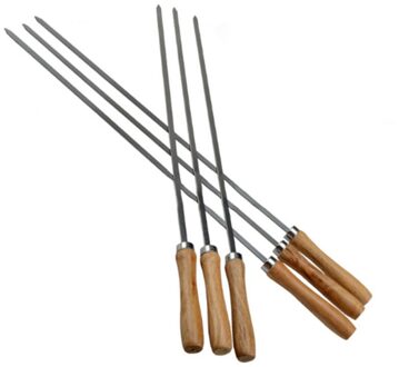 Kebab Bbq Rvs Spiesjes Met Houten Handgrepen Platte Herbruikbare Metalen Spies Sticks Met Opslag Pouch 6Pcs