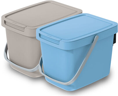 Keden GFT aanrecht afvalbakjes set - 2x - 6L - beige/lichtblauw - 20 x 26 x 20 cm - klepje/hengsel