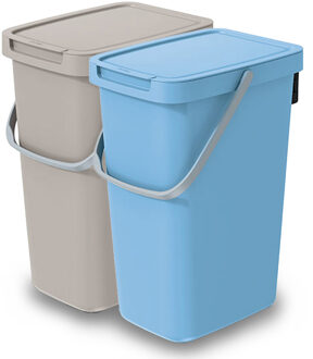 Keden GFT/rest afvalbakken set - 2x - beige/blauw - 12L - afsluitbaar - 20 x 26 x 37 cm - afval scheiden