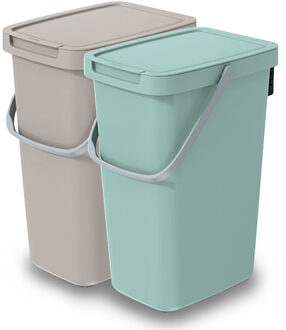 Keden GFT/rest afvalbakken set - 2x - beige/groen - 12L - afsluitbaar - 20 x 26 x 37 cm - afval scheiden