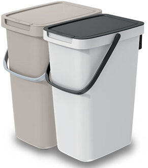 Keden GFT/rest afvalbakken set - 2x - beige/wit - 12L - afsluitbaar - 20 x 26 x 37 cm - afval scheiden
