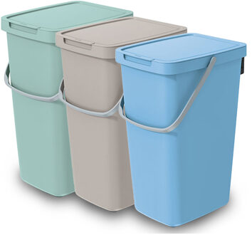 Keden GFT/rest afvalbakken set - 3x - 20L - Beige/groen/blauw - 23 x 29 x 45 cm - afval scheiden