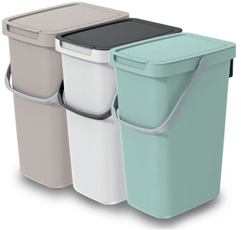 Keden GFT/rest afvalbakken set - 3x - beige/wit/groen - 12L - afsluitbaar - 20 x 26 x 37 cm - afval scheid
