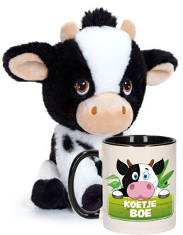 Keel Toys Cadeauset kind - Koeien knuffel 18 cm en Drinkbeker/mok Koe 300 ml - Knuffel boederijdieren Wit