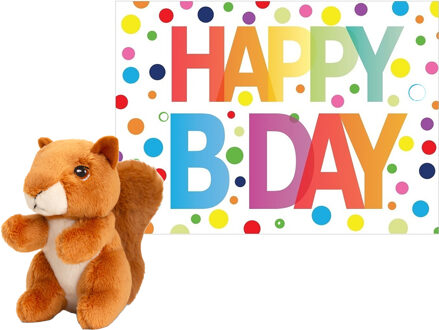 Keel Toys Pluche dieren knuffel eekhoorn 12 cm met Happy Birthday wenskaart - Knuffeldier Multikleur