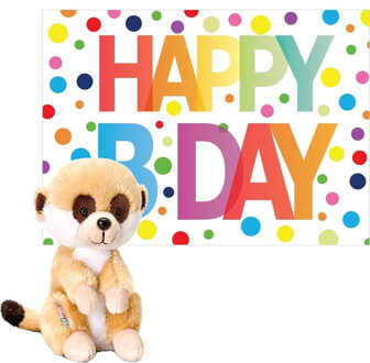 Keel Toys Pluche dieren knuffel stokstaartje 14 cm met Happy Birthday wenskaart - Knuffeldier Multikleur