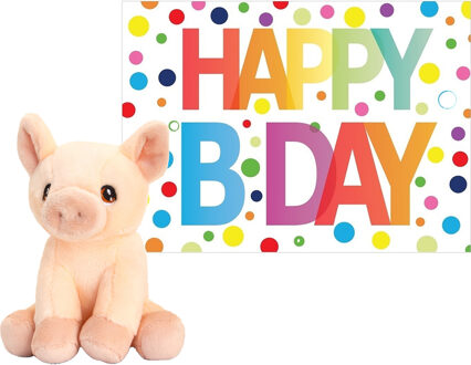 Keel Toys Pluche dieren knuffel varken 12 cm met Happy Birthday wenskaart
