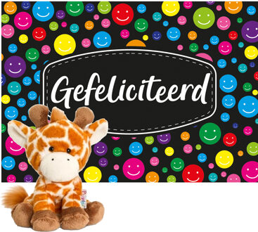 Keel Toys pluche giraffe knuffel 14 cm met Gefeliciteerd A5 wenskaart - Knuffeldier Multikleur