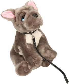 Keel Toys pluche hond grijs/witte Franse Bulldog met riem knuffel 30cm Bruin