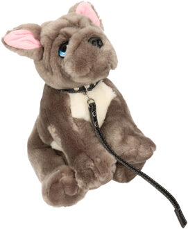 Keel Toys pluche hond grijs/witte Franse Bulldog met riem knuffel 30cm