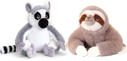 Keel Toys Pluche knuffels combi-set dieren luiaard en maki aapje 25 cm - Knuffeldier Multikleur
