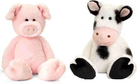 Keel Toys Pluche knuffels koe en varken boerderij vriendjes 25 cm - Knuffel boederijdieren Multikleur
