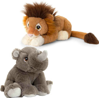 Keel Toys Pluche knuffels neushoorn en leeuw safari vriendjes 25 cm - Knuffeldier Multikleur