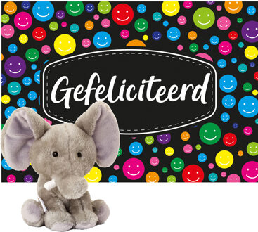 Keel Toys pluche olifant knuffel 14 cm met Gefeliciteerd A5 wenskaart - Knuffeldier Grijs