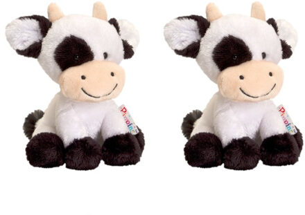 Keel Toys Set van 2x stuks keel Toys pluche zwart/witte koe/koeien knuffels 14 cm - Koe boerderijdieren knuffeldieren - Speelgoed voor kind