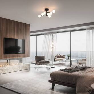 Kelder vloerlamp, ijzer, zwart, glas, wit, 4-lamps zwart, opaalwit