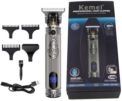 Kemei Elektrische Tondeuse Olie Hoofd Graveren Clipper Oplaadbare Scheerapparaat Fader Elektrische Scheermes Rand Haar Snijmachine zilver met doos