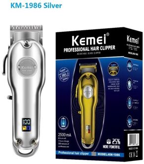 Kemei Professionele Haar Snijden Trimmer Goud Zilver Machine Maaier KM-1986 Elektrische Tondeuse Draadloze Lcd Alle-Metalen Kapper zilver met doos