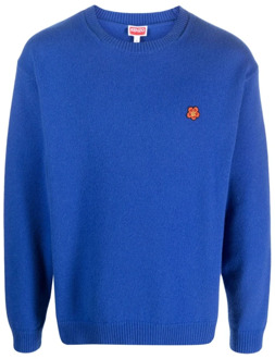 Kenzo Blauwe Gebreide Wollen Pullover met Logo Patch Kenzo , Blue , Heren