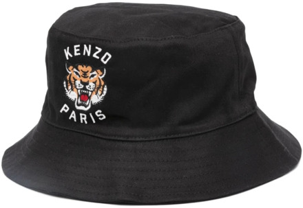 Kenzo Zwarte Bedrukte Bucket Hoed met Geborduurd Logo Kenzo , Black , Unisex - L,M
