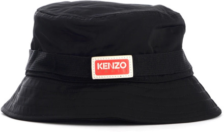 Kenzo Zwarte Logo Bucket Hat met Rode en Witte Voorkant Kenzo , Black , Heren - S