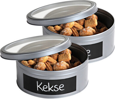 Kepser rond koekblik opbergblik/bewaarblik met krijtbord - 2x - Zilveren voorraadblik/koekblik