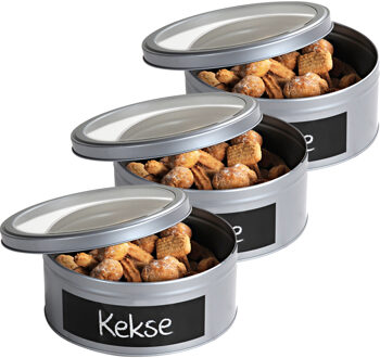 Kepser rond koekblik opbergblik/bewaarblik met krijtbord - 3x - Zilveren voorraadblik/koekblik