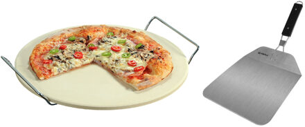 Keramieken pizzasteen rond 33 cm met handvaten en inklapbare RVS pizzaschep 25 cm - Pizzaplaten Wit