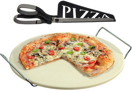 Keramieken pizzasteen rond 33 cm met handvaten en zwarte pizzaschaar - Pizzaplaten Wit