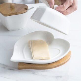 Keramische Creatieve Hartvormige Boter Schotel Met Bamboe Basis Eenvoudige Kaas Opbergvak Wit Porselein Boter Doos Keuken Gereedschap