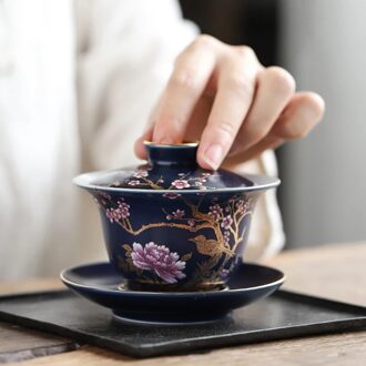 Keramische Gaiwan Porselein Schets In Goud Art Vogel Bloem Cup Met Deksel Deksel Schotel Kit Master Thee Set Drinkware Decor ambachten