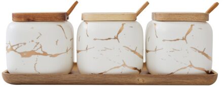 Keramische Keuken Kruiden Tank Set Scandinavische Stijl Houten Cover Zoutvaatje Kruidkruik Suikerpot Opslag Potten Keuken Accessoires wit reeks
