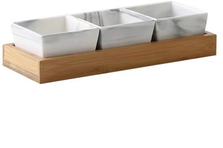 Keramische Marmer Fruit Schotel Porselein Snack Snoep Moer Dessertbord Met Bamboe Lade Set Slakom Kruiden Schotel Servies 3stk grijs