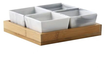 Keramische Marmer Fruit Schotel Porselein Snack Snoep Moer Dessertbord Met Bamboe Lade Set Slakom Kruiden Schotel Servies 4stk grijs
