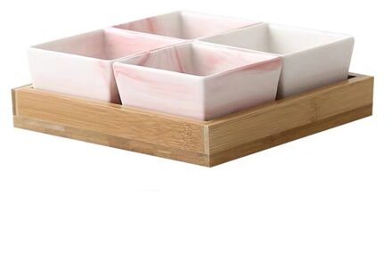 Keramische Marmer Fruit Schotel Porselein Snack Snoep Moer Dessertbord Met Bamboe Lade Set Slakom Kruiden Schotel Servies 4stk roze