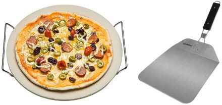 Keramische pizzasteen rond 33 cm met handvaten en inklapbare RVS pizzaschep 25 cm - Pizzaplaten Wit