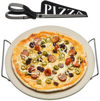 Keramische pizzasteen rond 33 cm met handvaten en zwarte pizzaschaar
