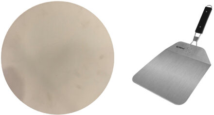 Keramische pizzasteen voor op de barbecue 33 cm met inklapbare RVS pizzaschep 25 cm