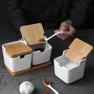 Keramische Sucrier Potten Suikerpot Keramische Kruiderij Jar Pot Zout Kelder Spice Container Met Bamboe Deksel Lepel Voor Teller Wit