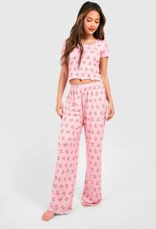Kersenprint Lettuce Hem Top Met Korte Mouwen & Pyjama Set Met Broek, Pink - 44