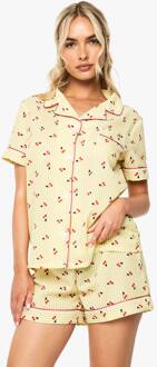 Kersenprint Pinstripe Overhemd Met Korte Mouwen & Korte Pajamaset, Lemon - 38