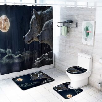 Kerst 4 stks/set Badkamer Moon Wolf Antislip Voetstuk Wc Deksel Seat Cover Badmat Voetstuk Tapijt Polyester Douche gordijn Set