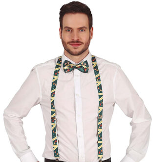Kerst accessoires set - bretels en strikje - groen - kerstballen - polyester - volwassenen