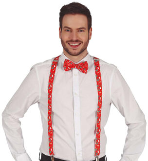 Kerst accessoires set - bretels en strikje - rood - kerst print - polyester - volwassenen