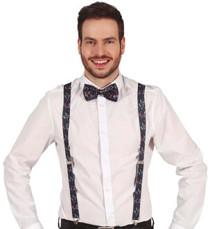 Kerst accessoires set - bretels en strikje - zwart - kerstverlichting opdruk - polyester - volwassen